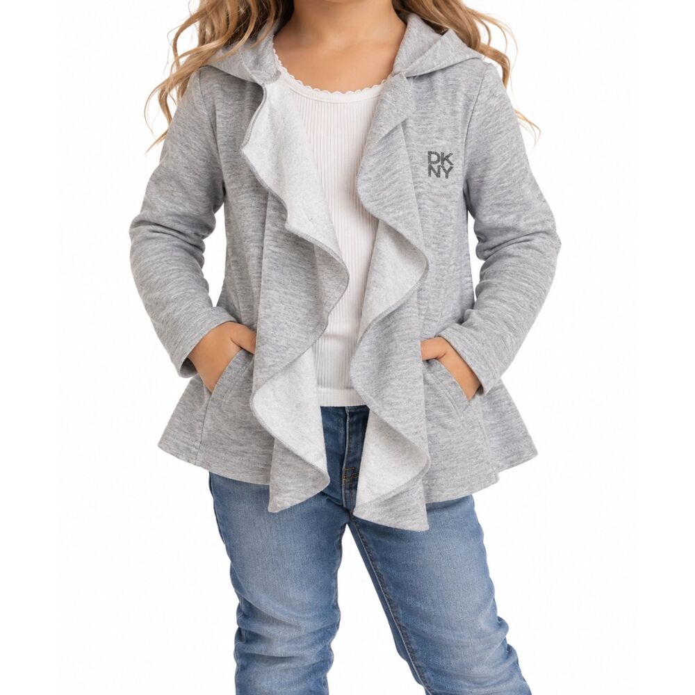 DKNY Toddler Girls’ Hooded Open-Front Ruffle Cardigan | 3T